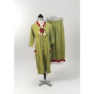 Hearts Desire Audrey Green Linen Velvet Lagenlook Dress Sz Medium Hot Pink Trim